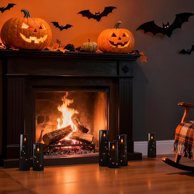 Raycare Flameless Candle with Remote Timer – 9 Flickering Acrylic Battery Operated LED Pillar Candles with Embedded Star String for Halloween, Home Decor, and as a Gift (Black) (9 Pcs)