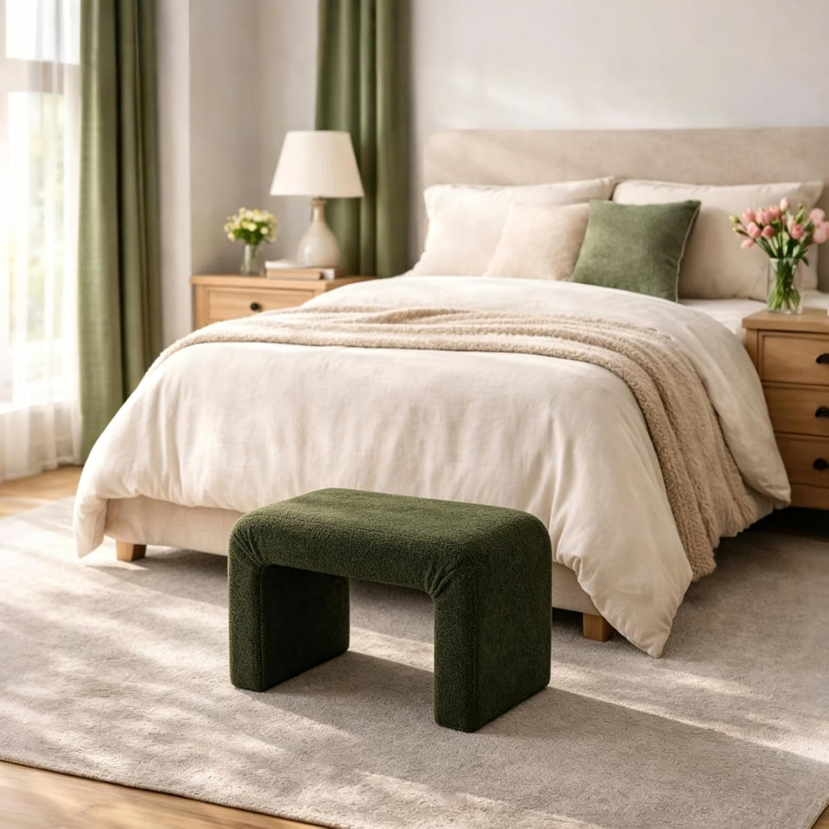 Modern Boucle Ottoman Footstool, 24" Arched Upholstered Vanity Stools, Small Foot Rest for Entryway, Living Room, Bedroom (Fully Assembled),Dark Green