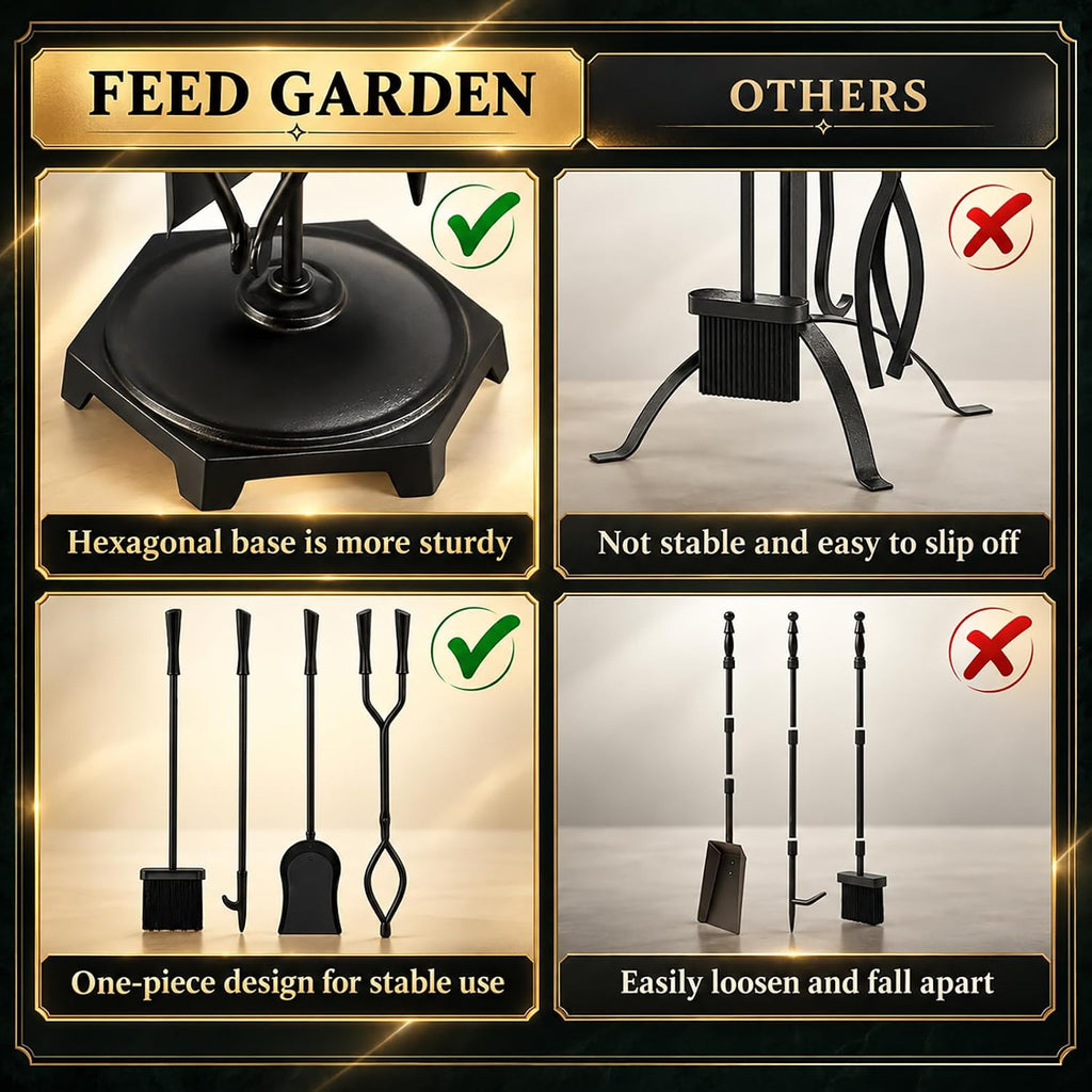 FEED GARDEN 5-Piece Fireplace Tools Set with Stand, Heavy Duty Wrought Iron
