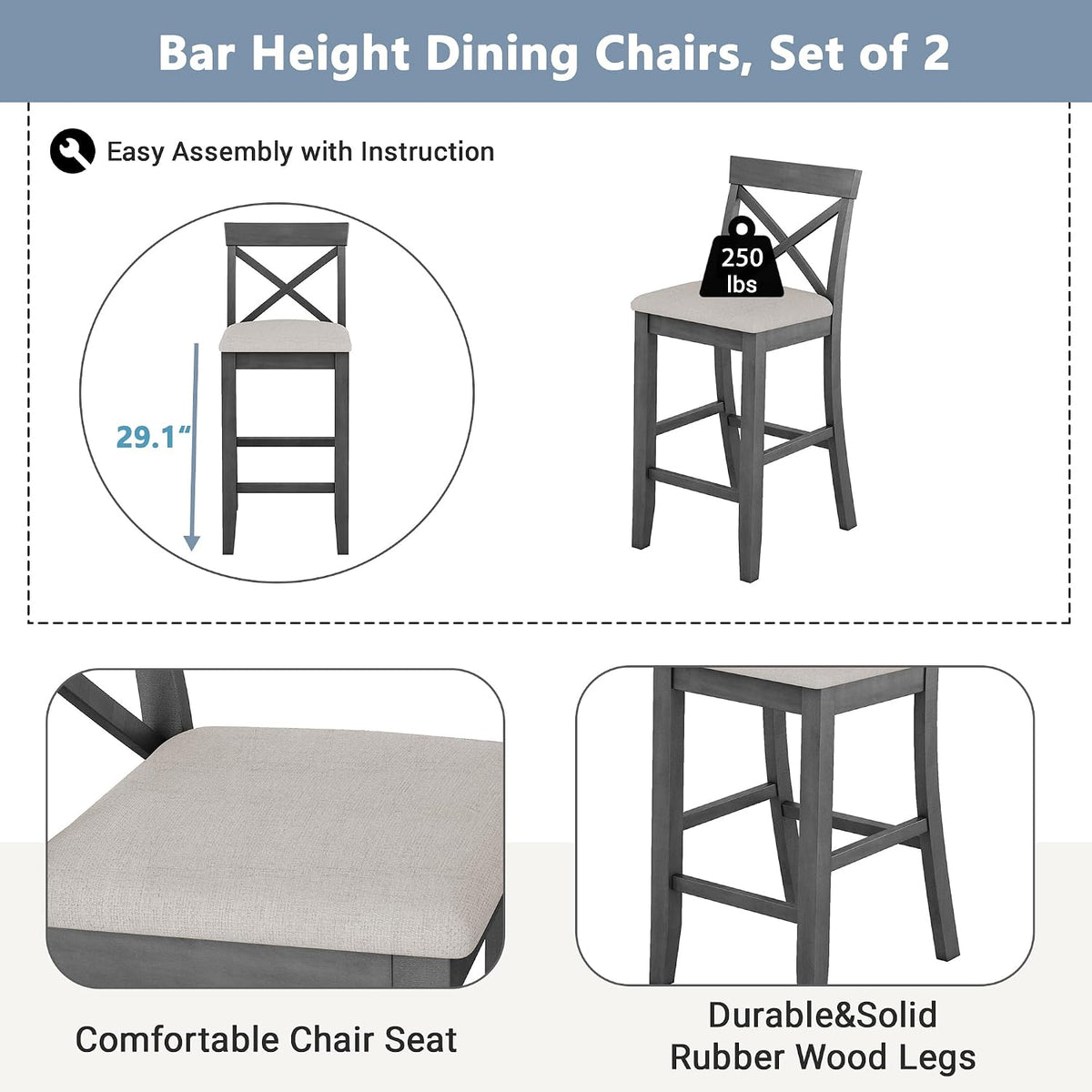 LUMISOL 3 Piece Pub Table and Chair Set, Small Bar Height Kitchen Table and Chairs, Breakfast Nook Table Set, 3 Piece High Top Dining Table for 2, Gray