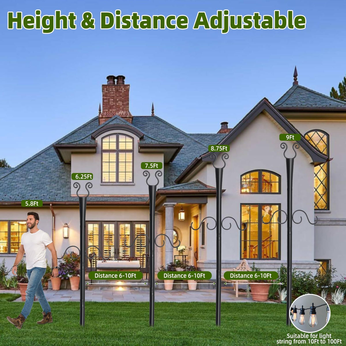 2 Pack Outdoor Patio Light Poles for String Lights, 10Ft Heavy Duty Metal String Light Poles with Shepherds Hooks for Hanging Plant & Bird Feeder, Deck Pole for Outdoor Strings Lights