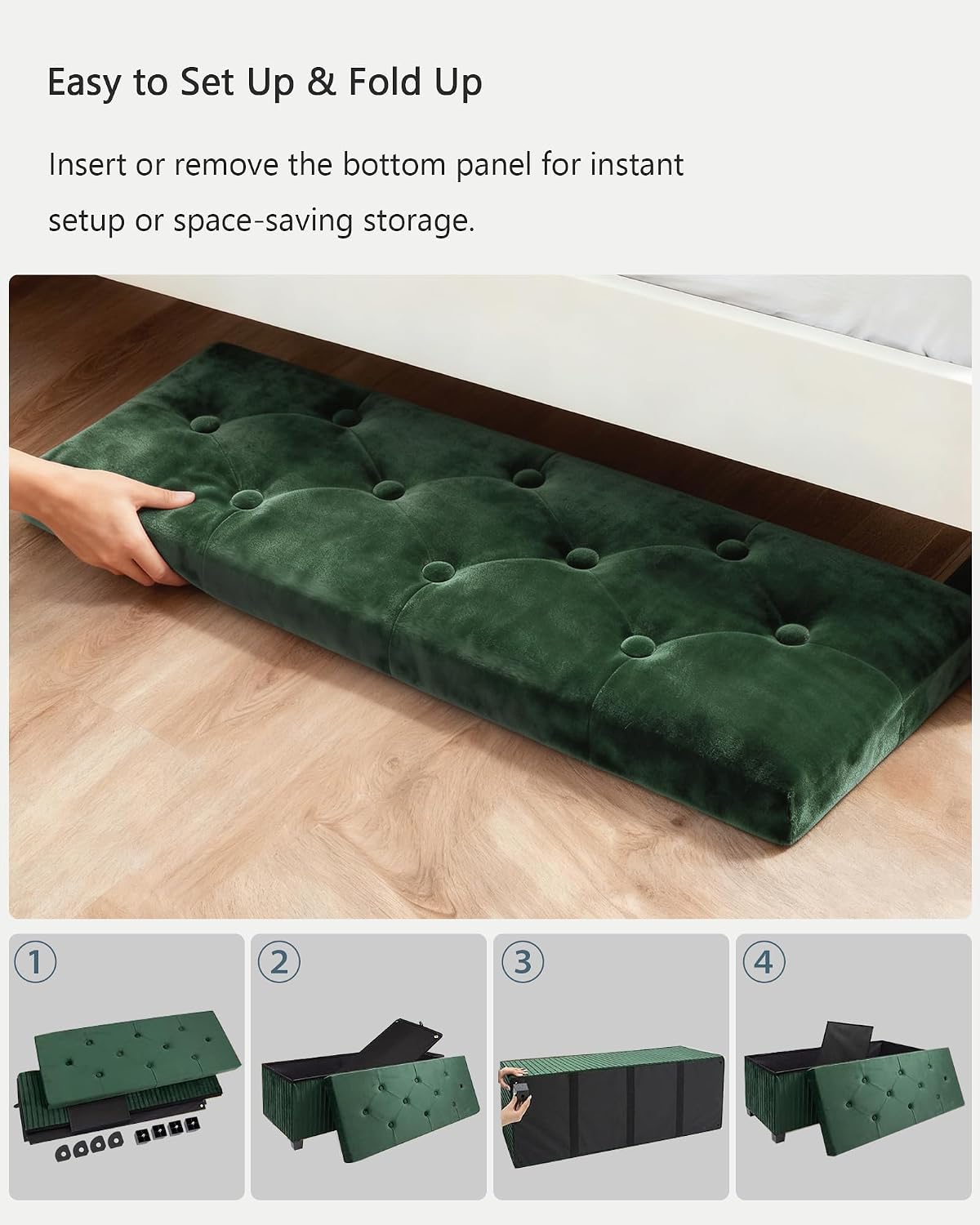 LITZFUR 43 Inches Storage Ottoman Bench, Velvet Foot Rest Stool, Green