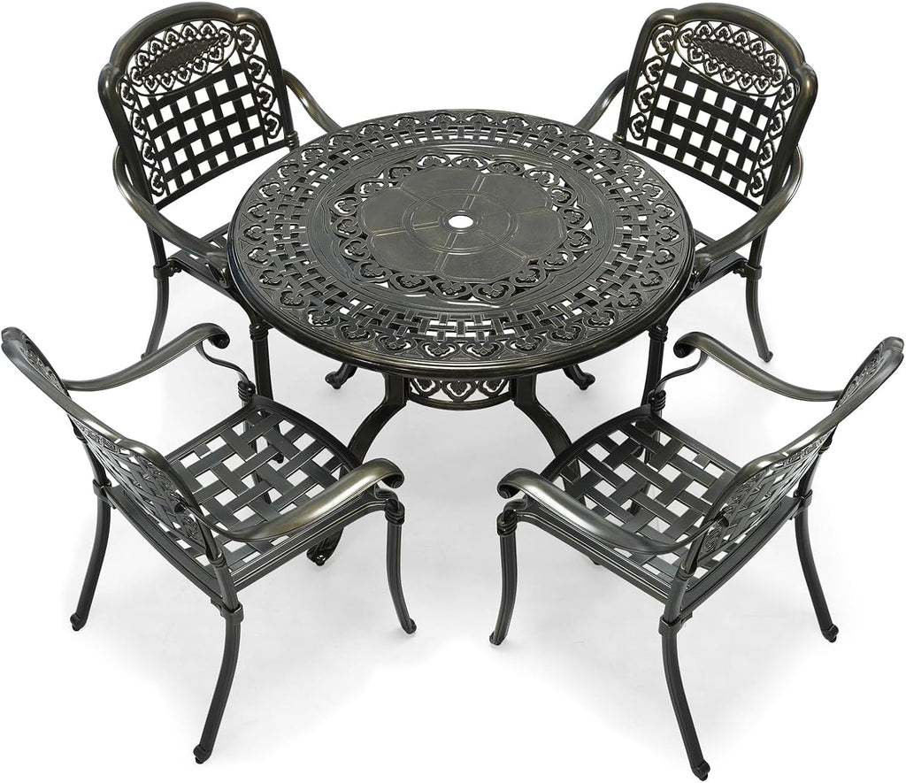 VIVIJASON 5-Piece Outdoor Patio Furniture Dining Set, All-Weather Cast Aluminum Conversation Set, Include 4 Chairs and 38.5" Round Table w/Umbrella Hole for Balcony, Lawn, Garden, Backyard