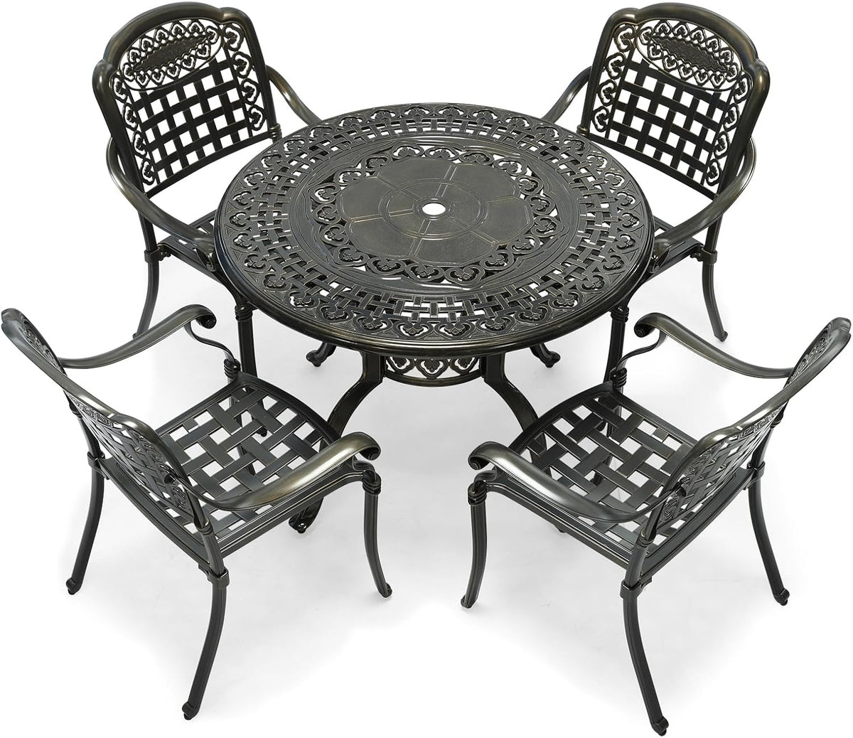 VIVIJASON 5-Piece Outdoor Patio Furniture Dining Set, All-Weather Cast Aluminum Conversation Set, Include 4 Chairs and 38.5" Round Table w/Umbrella Hole for Balcony, Lawn, Garden, Backyard