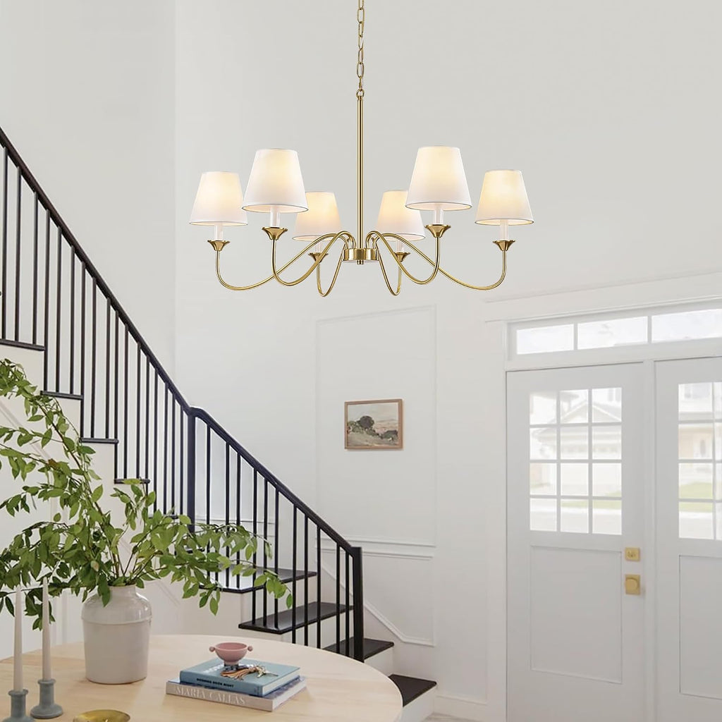 6 Lights Modern Brass Gold Chandeliers for Dining Room, Farmhouse Chandelier 35.8" Hanging Light Fixture, Adjustable Pendant Lights with White Fabric Shade for Kitchen Living Room Bedroom