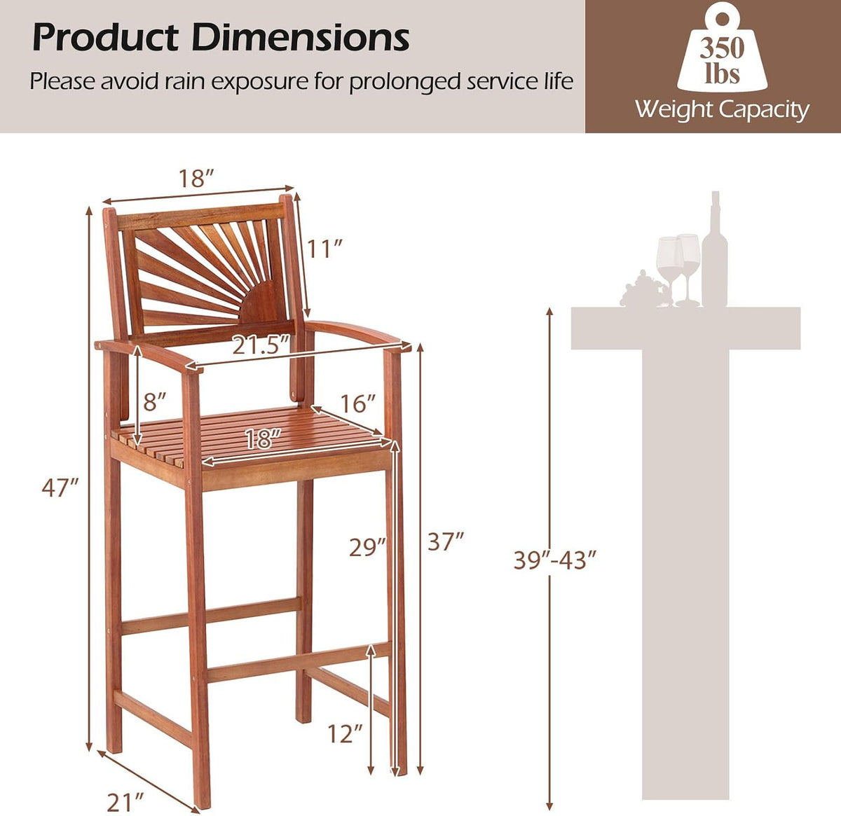 COSTWAY 29'' Outdoor Acacia Wood Bar Chairs Set of 4 with Back and Armrest