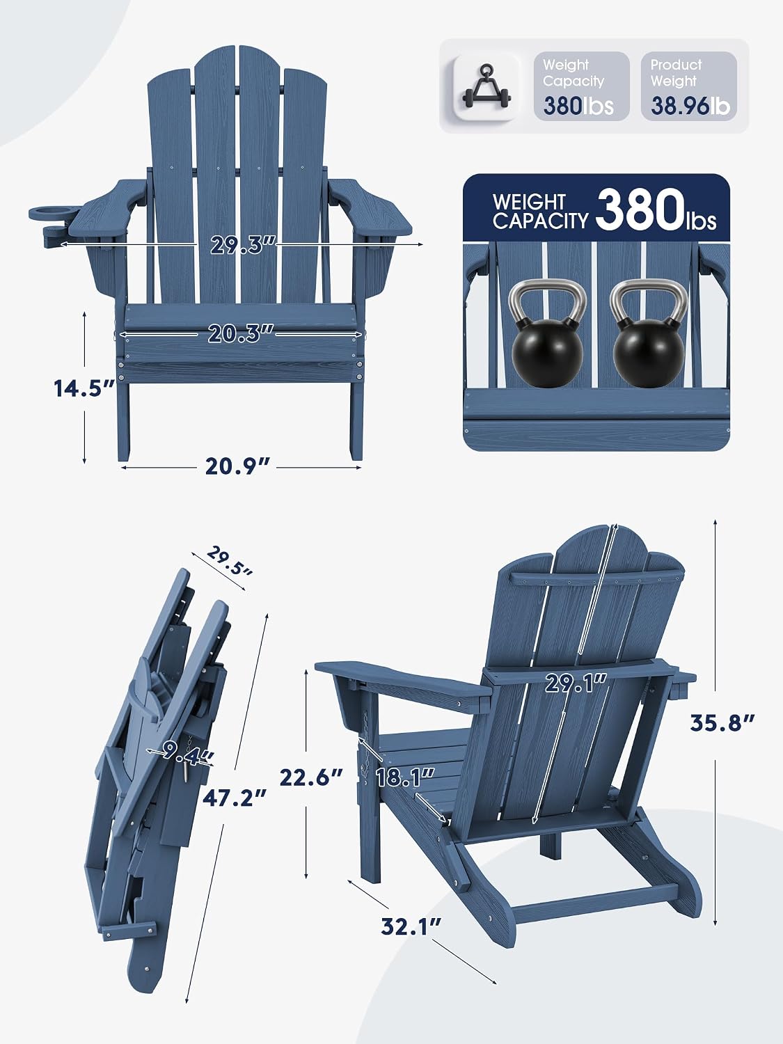 KINGYES Adjustable Adirondack Chairs Set of 2, Folding Outdoor Chair, Blue