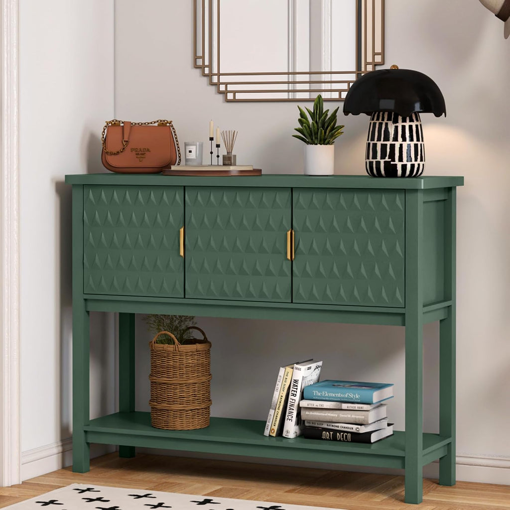 42” Modern Console Table with 3 Diamond Doors & Shelf for Entryway, Green