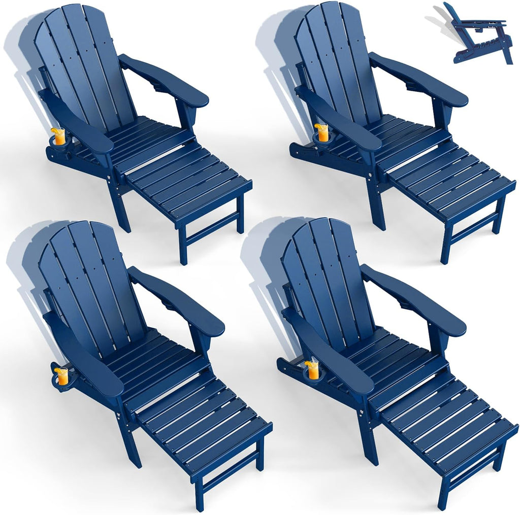 GREENVINES Adjustable Adirondack-Chairs-with-Ottoman Set of 4, HDPE, Blue