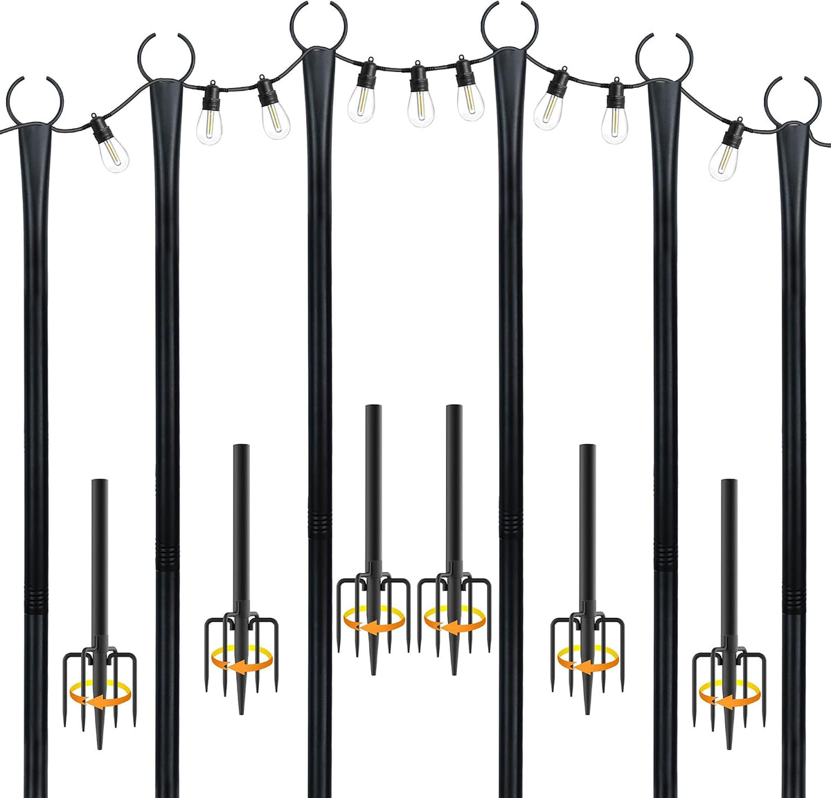 10 Ft String Light Poles for Outside, 6 Pack Heavy-Duty Metal Poles for Outdoor Hanging Lights with Fence Brackets, Outdoor String Light Pole Stand for Patio, Backyard, Garden
