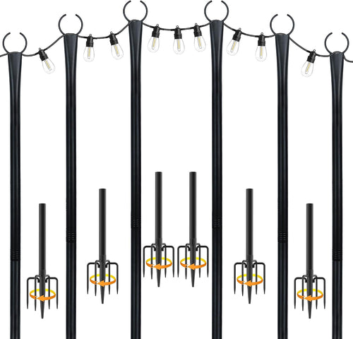 10 Ft String Light Poles for Outside, 6 Pack Heavy-Duty Metal Poles for Outdoor Hanging Lights with Fence Brackets, Outdoor String Light Pole Stand for Patio, Backyard, Garden