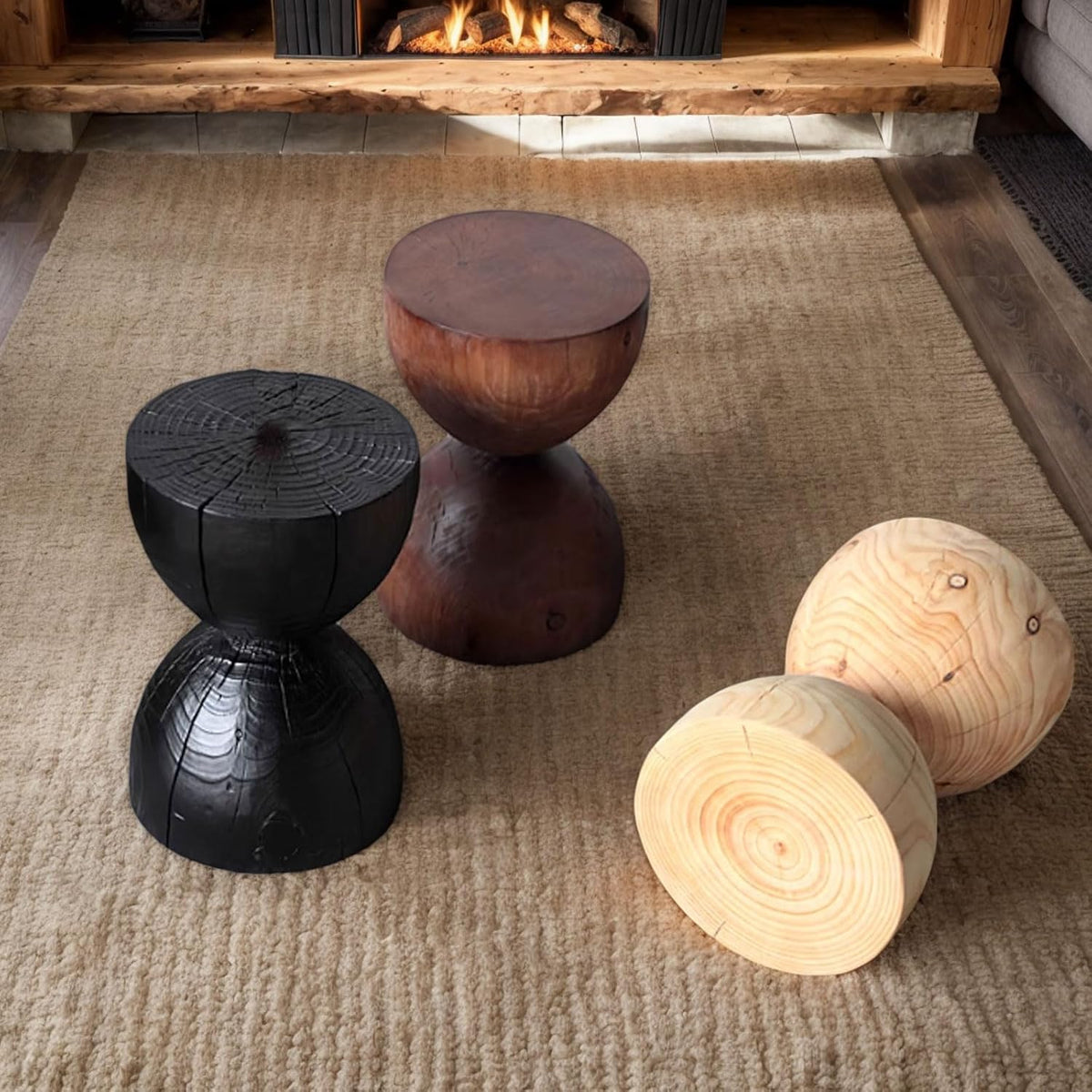 Natural Wooden Pillar Side Table – Round tree Wood Drum-Shaped Coffee Table