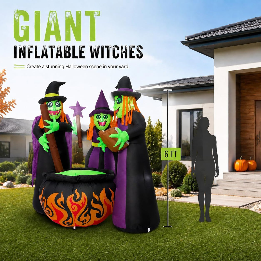 6 FT Halloween Inflatables 3 Witches Around Cauldron Outdoor Decorations, Scary Blow Ups with Build-in LED Lights, Yard Garden Decoration for Halloween Party Indoor Outdoor