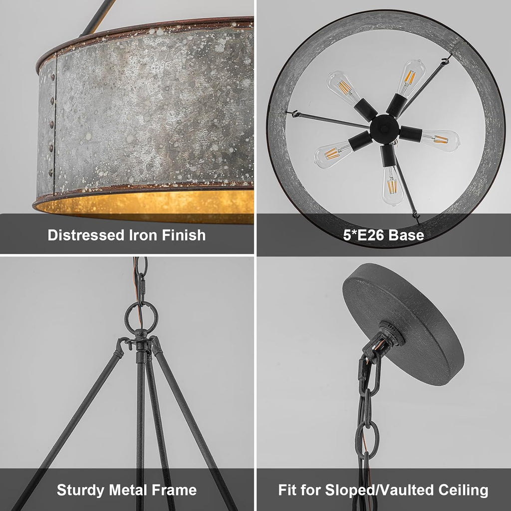 24" metal drum chandelier 5-light farmhouse chandelier for, side view