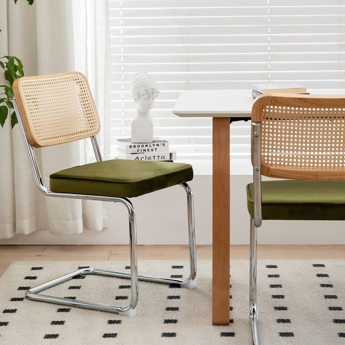 MFFM Rattan Dining Chairs Set of 2, Green Velvet Dining Room Chair with Solid Back and Chrome Legs, Modern Mid Century Designed Chairs for Dining,Living Room,Kitchen Chairs (Olive Green-2pcs)
