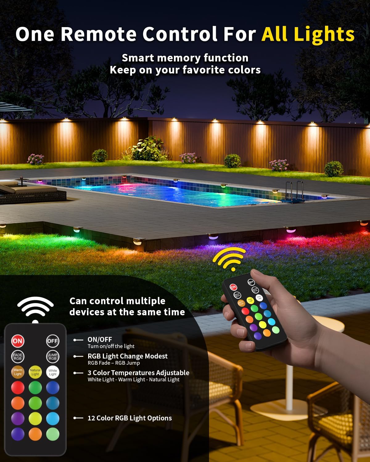 color changing solar fence lights with remote, solar shown in use