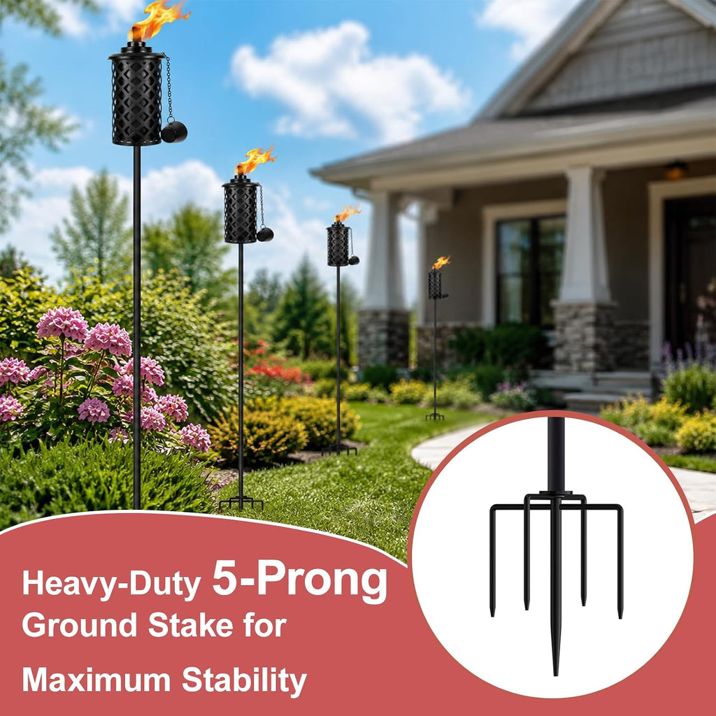 4 Pack Garden Torch, 16oz Outdoor Citronella Torches, 58-Inch Upgraded Citronella Torches with 5-Prong Grounded Stake, Metal Light Torches for Party Patio Pathway
