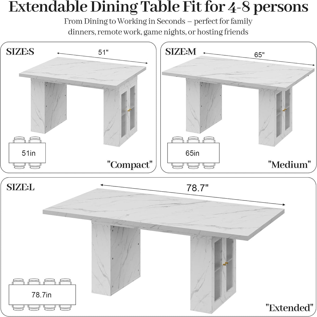 51"-78" Extendable Dining Table for 4-8, White Faux Marble Dining Table