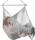 Handwoven Cotton Rope Hammock Chair with Metal Spreader Bar, Boho Hanging Chair Bedroom, Indoor Outdoor Swing Chair with Tassle, MistyMorning Gray
