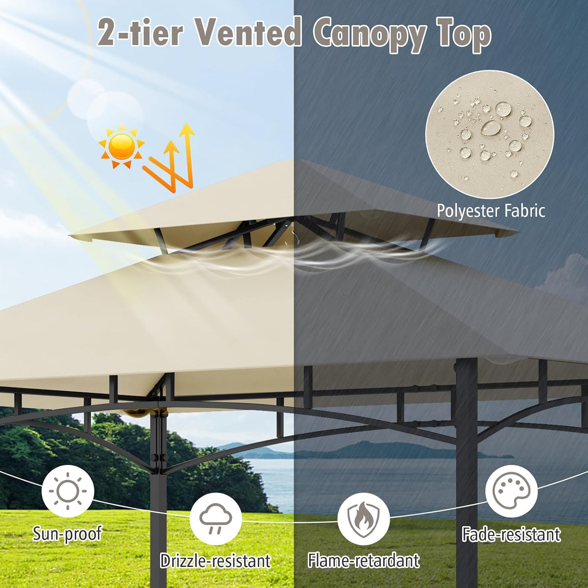 Tangkula 8x5 Ft Outdoor Grill Gazebo w/Side Awning & 2-Tier Vented Canopy
