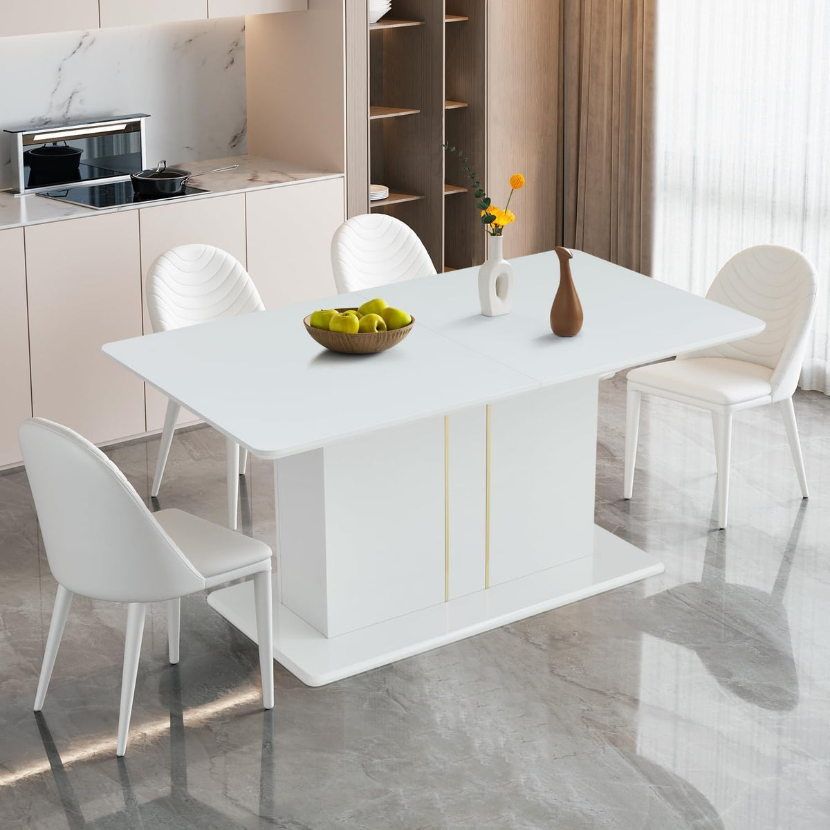 Homy Casa High Gloss Extendable Dining Table for 6 8 10 Persons, 63-80.7''Modern Wooden Kitchen Expanding Table for Dining Room, Conference Table, White