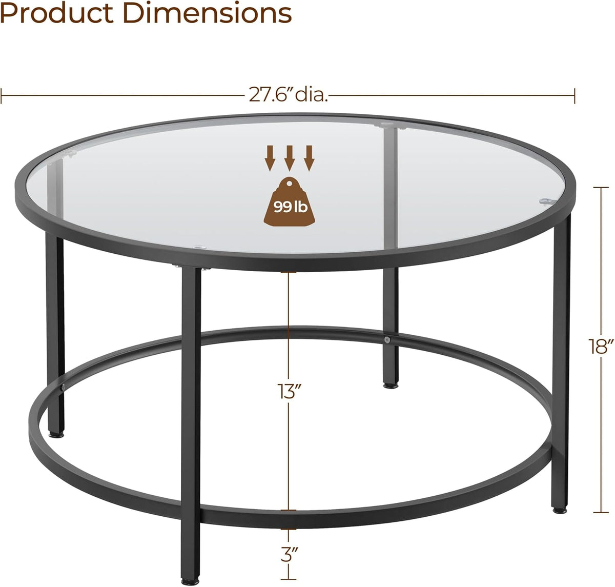 Yaheetech 27.6" Black Round Glass Coffee Table for Living Room, Metal Frame