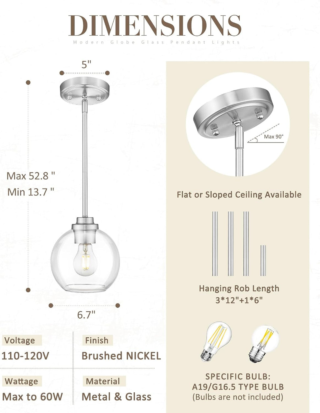 7-Inch Brushed Nickel Pendant Light,Clear Globe Glass,PL101BN