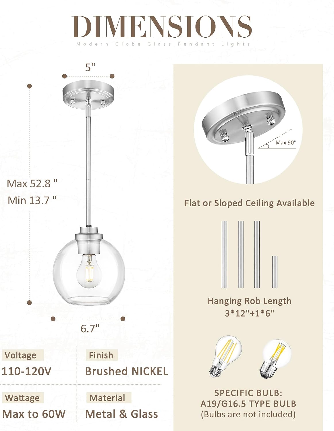 7-Inch Brushed Nickel Pendant Light,Clear Globe Glass,PL101BN