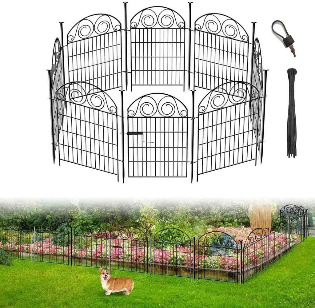 Getlay Tall Garden Fence Animal Barrier with Gate, 32 in(H) 8 Panels Garden Fences and Borders for Dogs, Dog Fence Outdoor for Yard, Total Length 17.5 Ft Metal Temporary Fencing│Patented