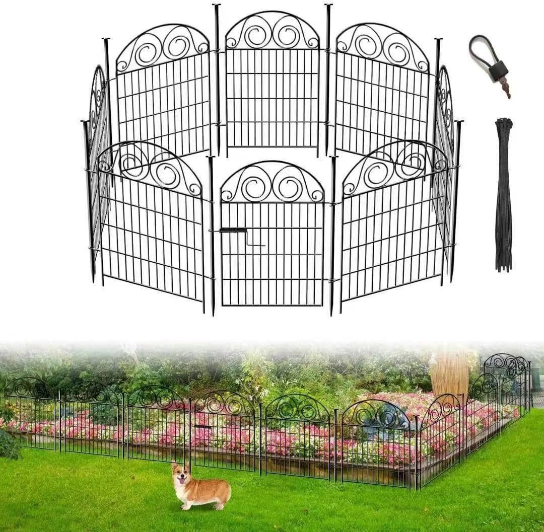 Getlay Tall Garden Fence Animal Barrier with Gate, 32 in(H) 8 Panels Garden Fences and Borders for Dogs, Dog Fence Outdoor for Yard, Total Length 17.5 Ft Metal Temporary Fencing│Patented