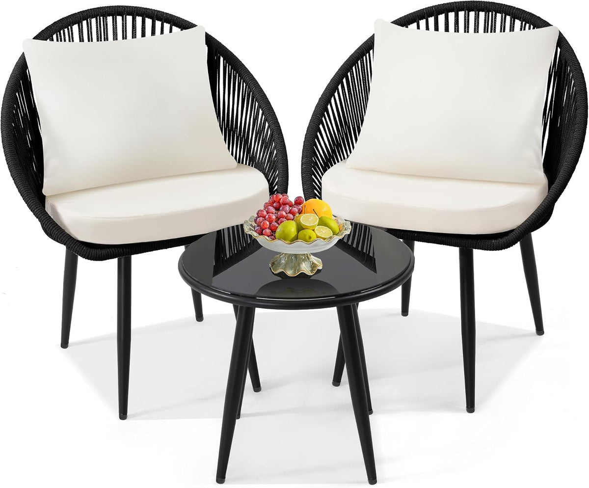wildformers 3-Piece Bistro Set, Woven Rope Chair with Cushions, Black