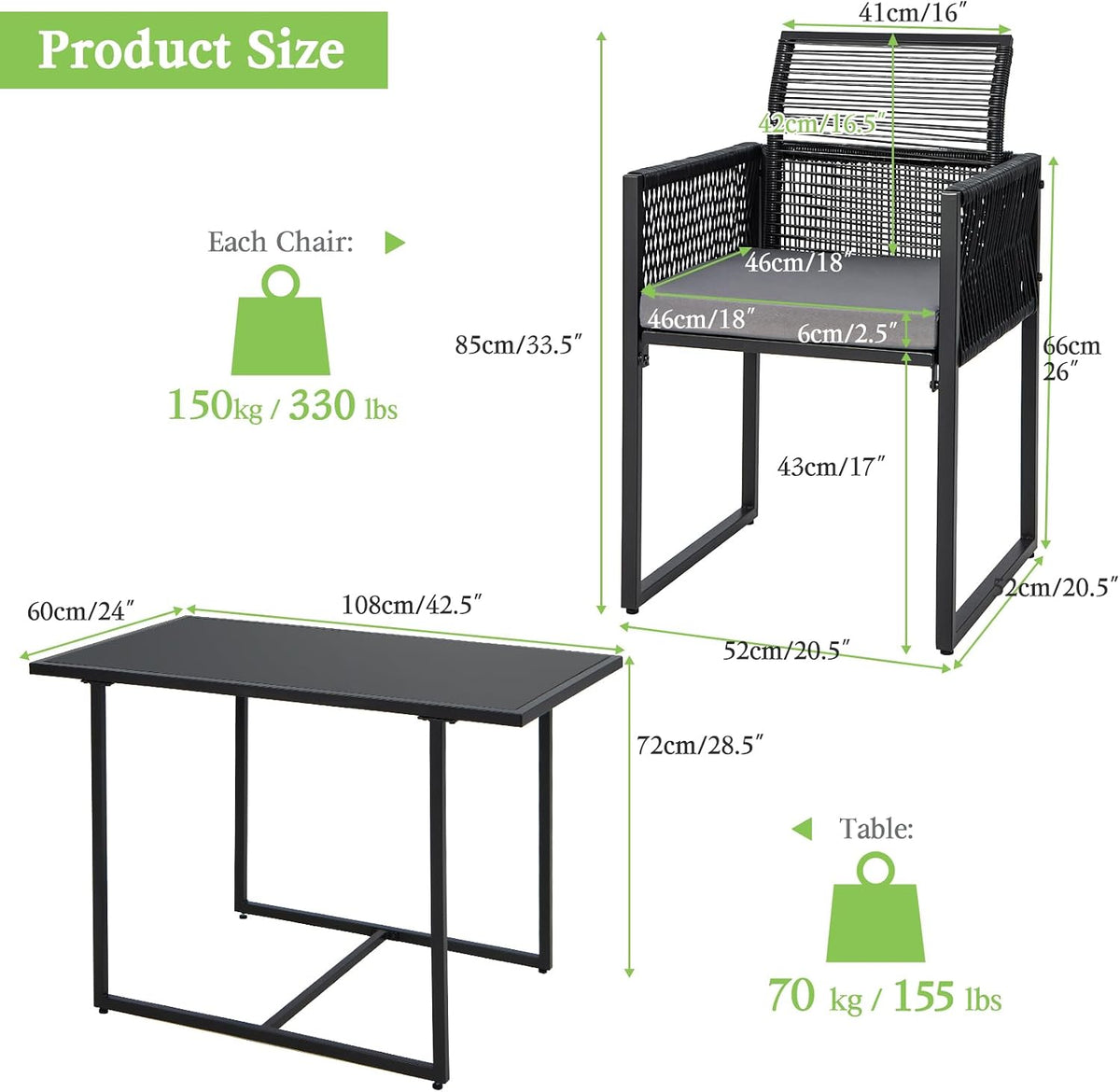 DORTALA Wicker Outdoor Bistro Set 3 Piece, Small Patio Furniture Dining Set with with Cushions, Tempered Glass Tabletop, All- Weather Table and Chairs for Backyard, Balcony, Poolside, Black+Grey