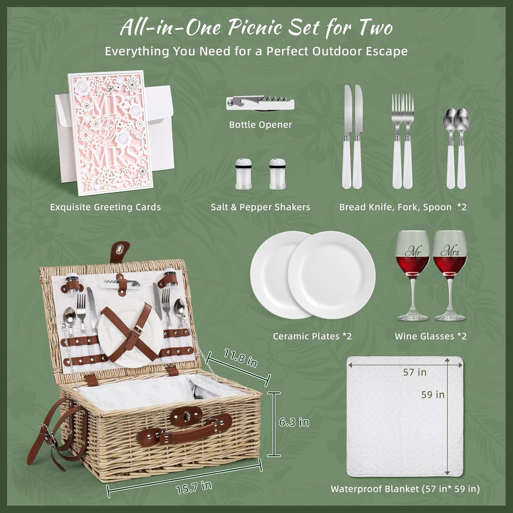 Picnic Basket for 2 Bridal Shower Wedding Gifts with Mr Mrs Wine Glasses