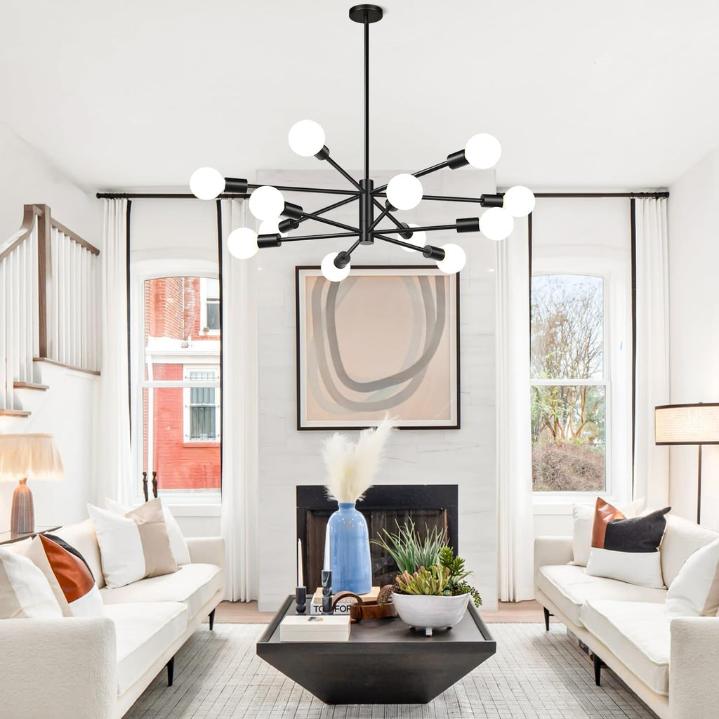 11"-52" Height Adjustable Modern Chandelier Ceiling Light Fixture, 12-Light Sputnik Chandeliers Matte Black Mid Century Chandelier Over Table, Chandeliers for Dining Room Living (Bulbs Not Included)