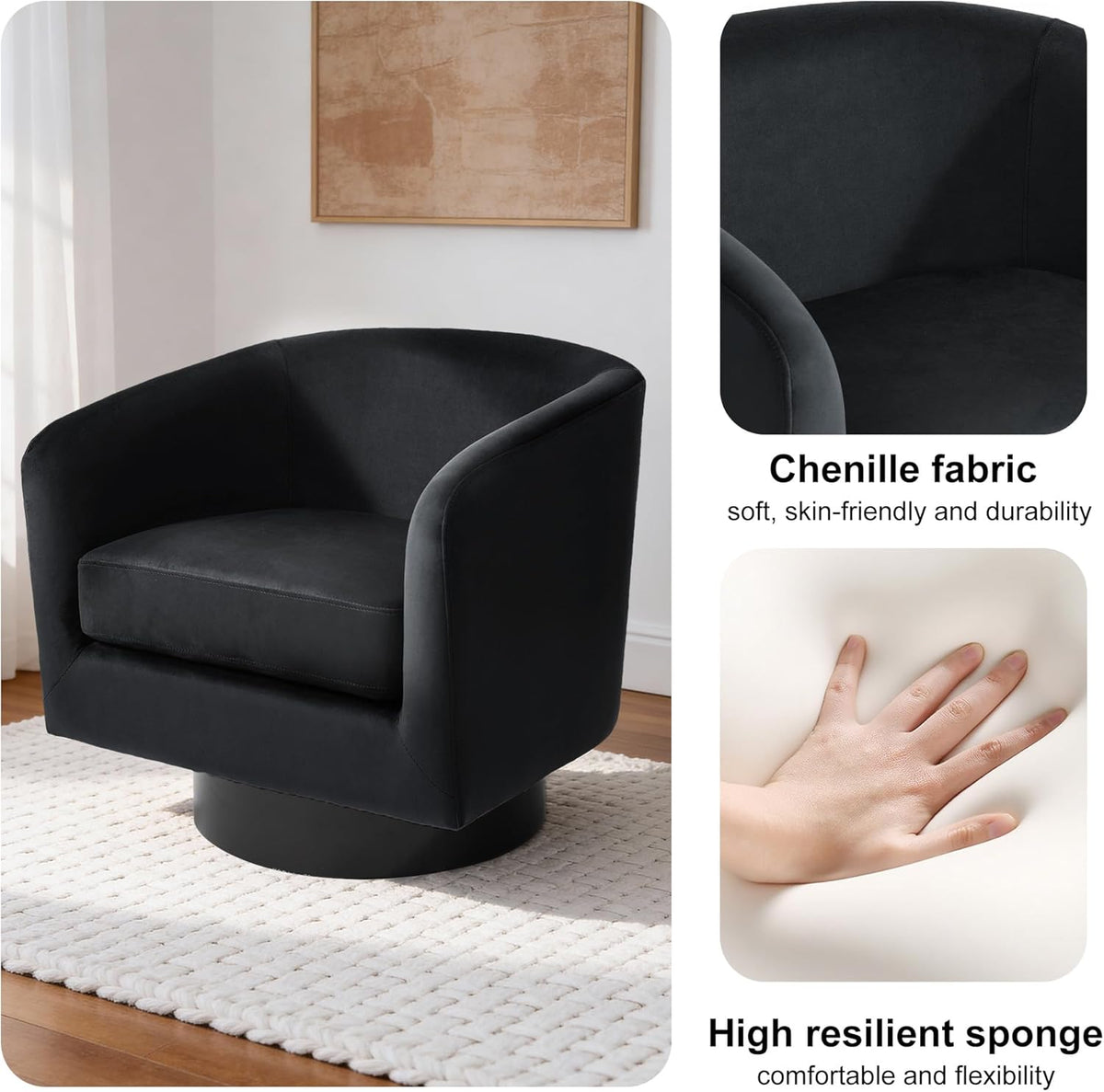 Swivel Barrel Accent Chair, Comfy Reading Armchair, Black, Set of 2
