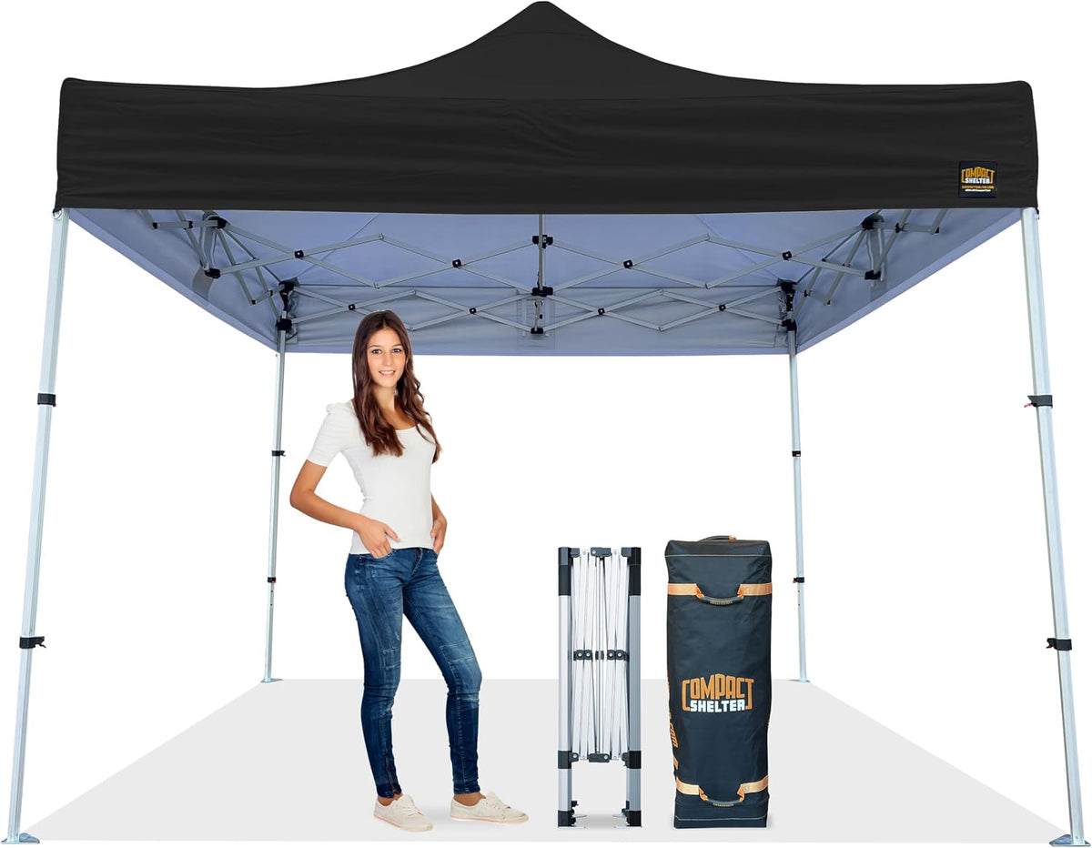 10x10 Heavy Duty Pop Up Canopy - Easy Setup, Commercial Grade Aluminum Frame, 42” Folded Frame Height, UPF 50+, Portable Tent for Beach, Events, Camping, Roller Bag (Black)