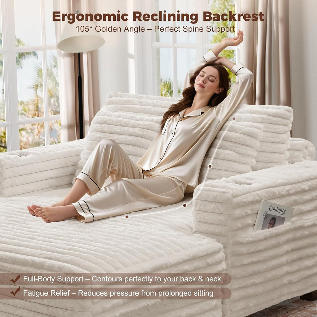 60" Oversized Chaise Lounge Chair with Wood Frame, USB Charging Port, Beige