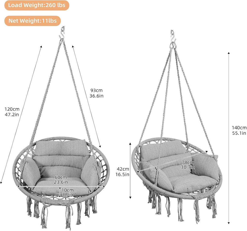 Goutime Hammock Swing Chair Macrame Boho Hanging Chairs Light Grey