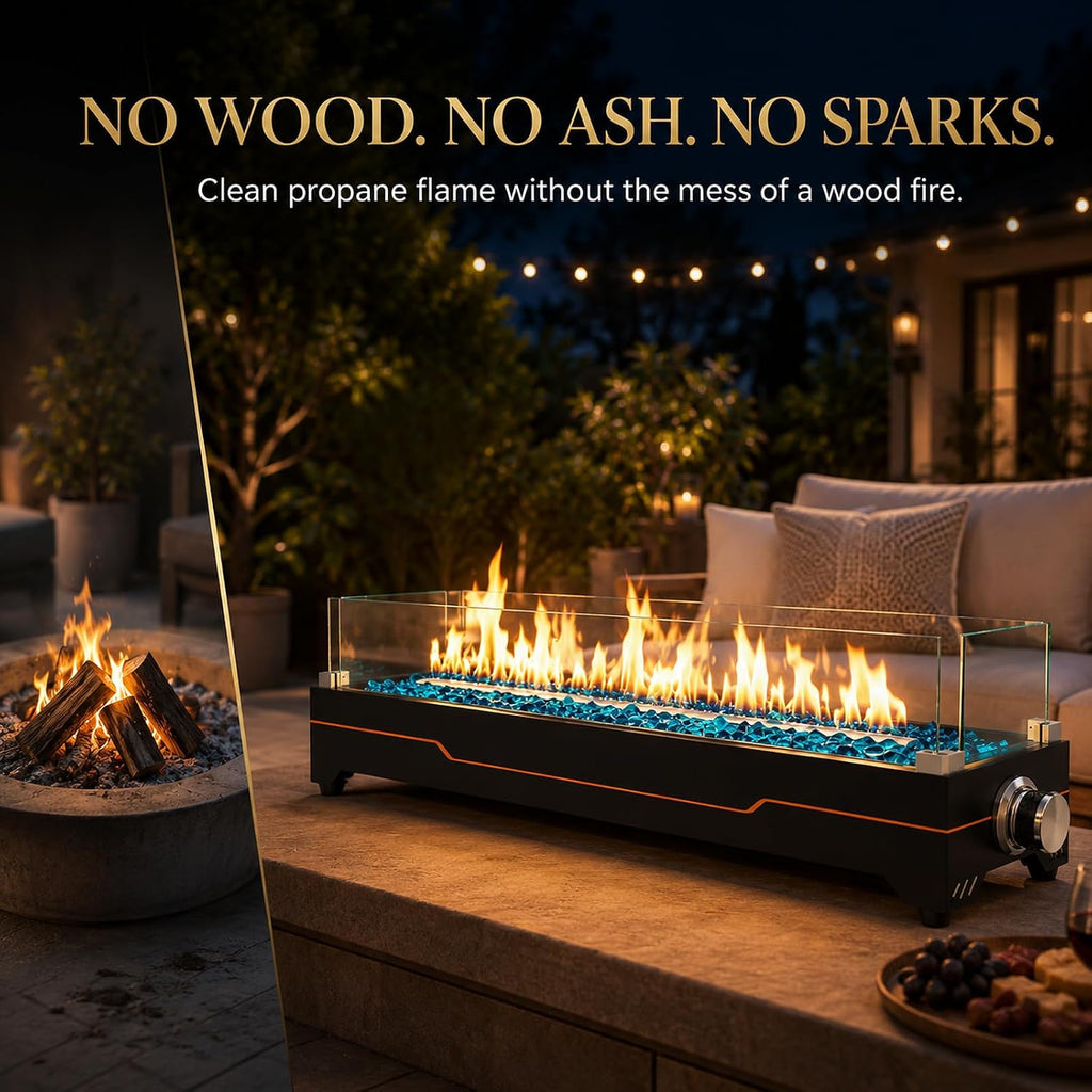 Grisun 28 Inch Tabletop Fire Pit with Glass Wind Guards for Patio & Camping