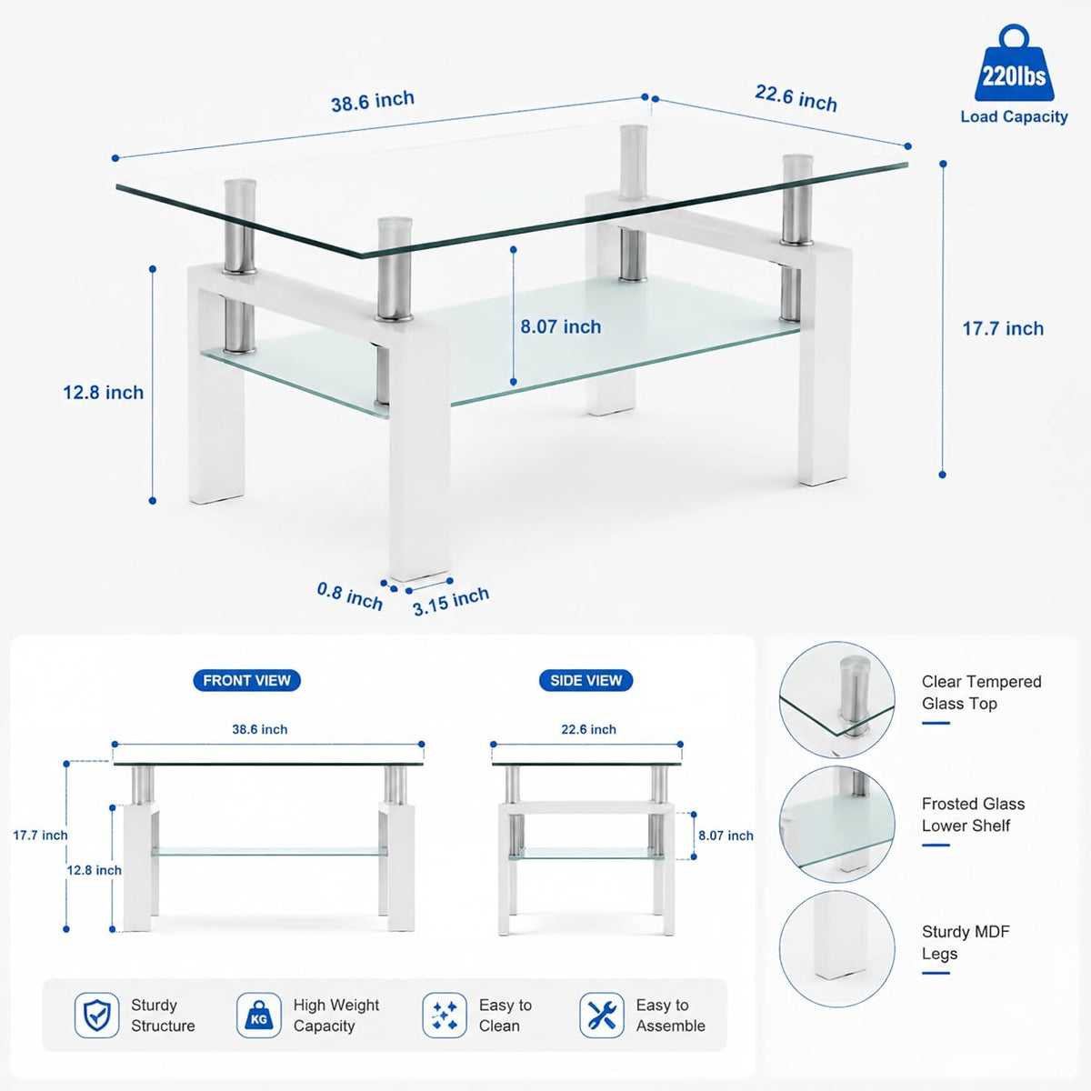 Glass Coffee Table for Living Room, Modern Coffee Table with Transparent Tempered Glass Top and White Metal Legs, Rectangle Tea Table for Home