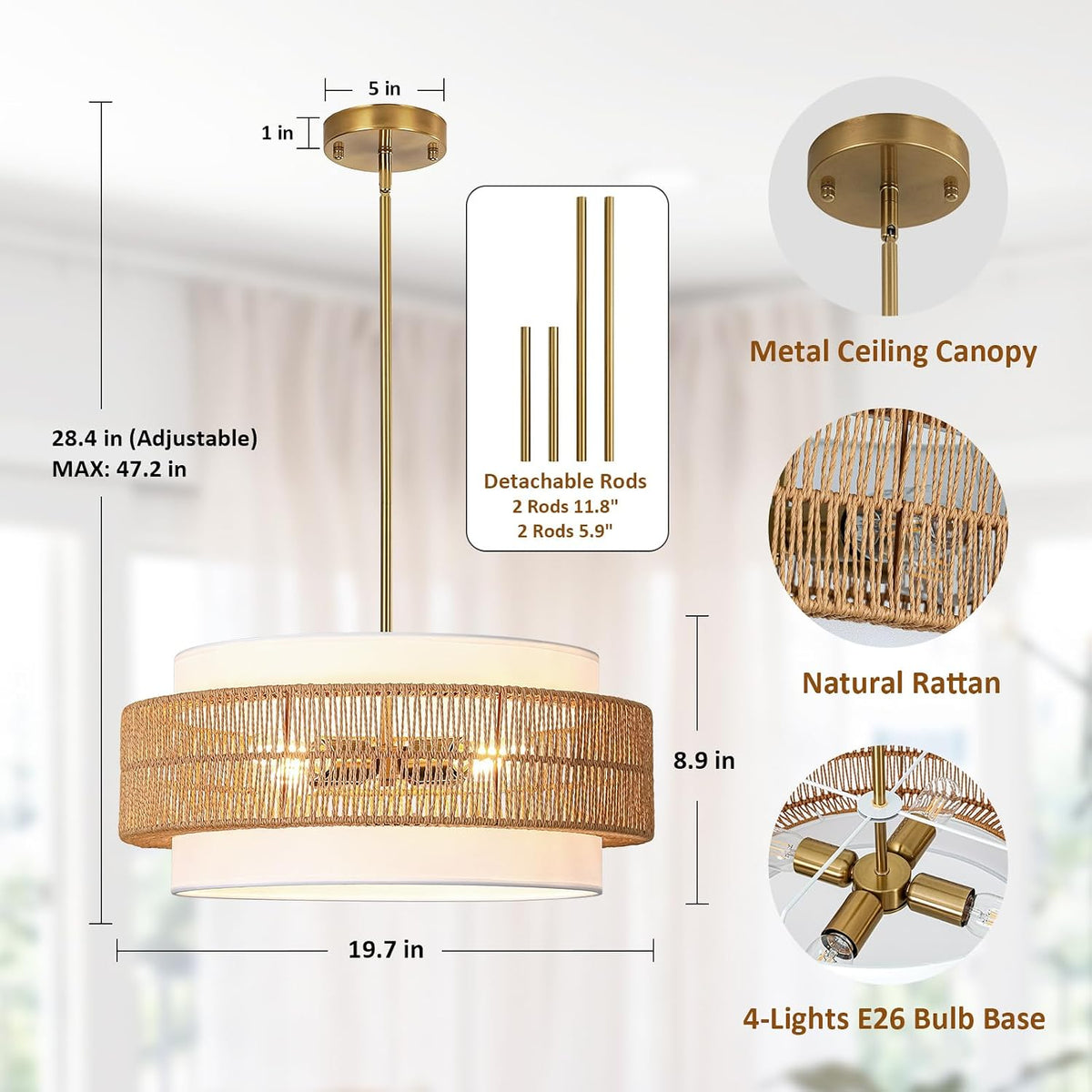 4-light rattan chandelier for dining room, 19.7" boho shown in use