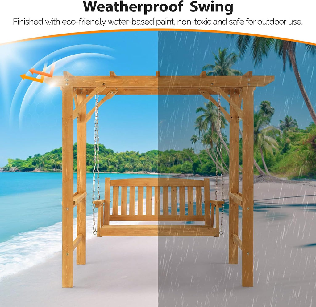 VINGLI 4 FT Wooden Porch Swing with Archway Stand, Outdoor Patio Swing