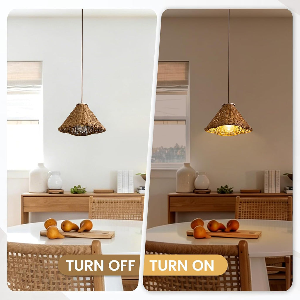 boho rattan pendant light, 11.8" hand woven hanging, close-up detail