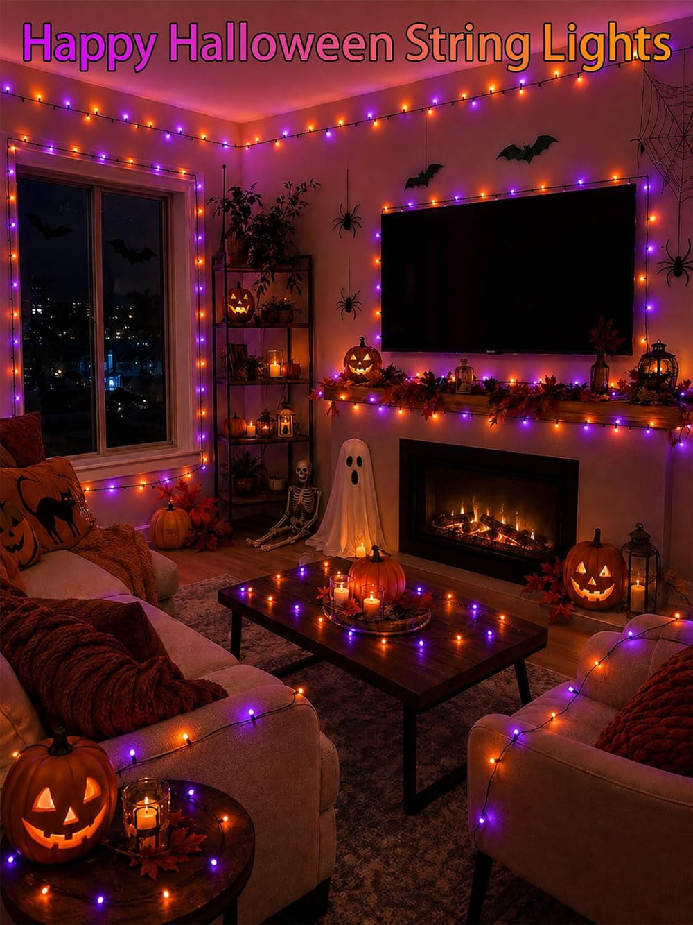 2 Pack 66FT 200 LED Halloween Lights Outdoor Indoor, Orange and Purple