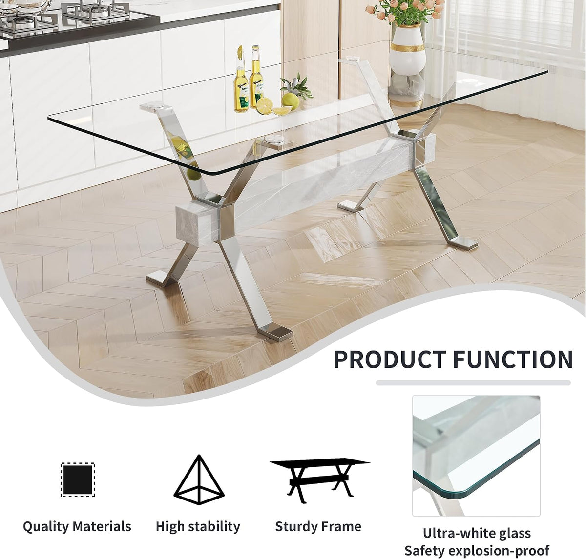 79'' Glass Dining Table, Modern Kitchen Table, Clear Dining Room Table with 0.5" Tempered Glass Tabletop with Plated Metal Legs and MDF Crossbar, Ideal for Dining Room, Kitchen.