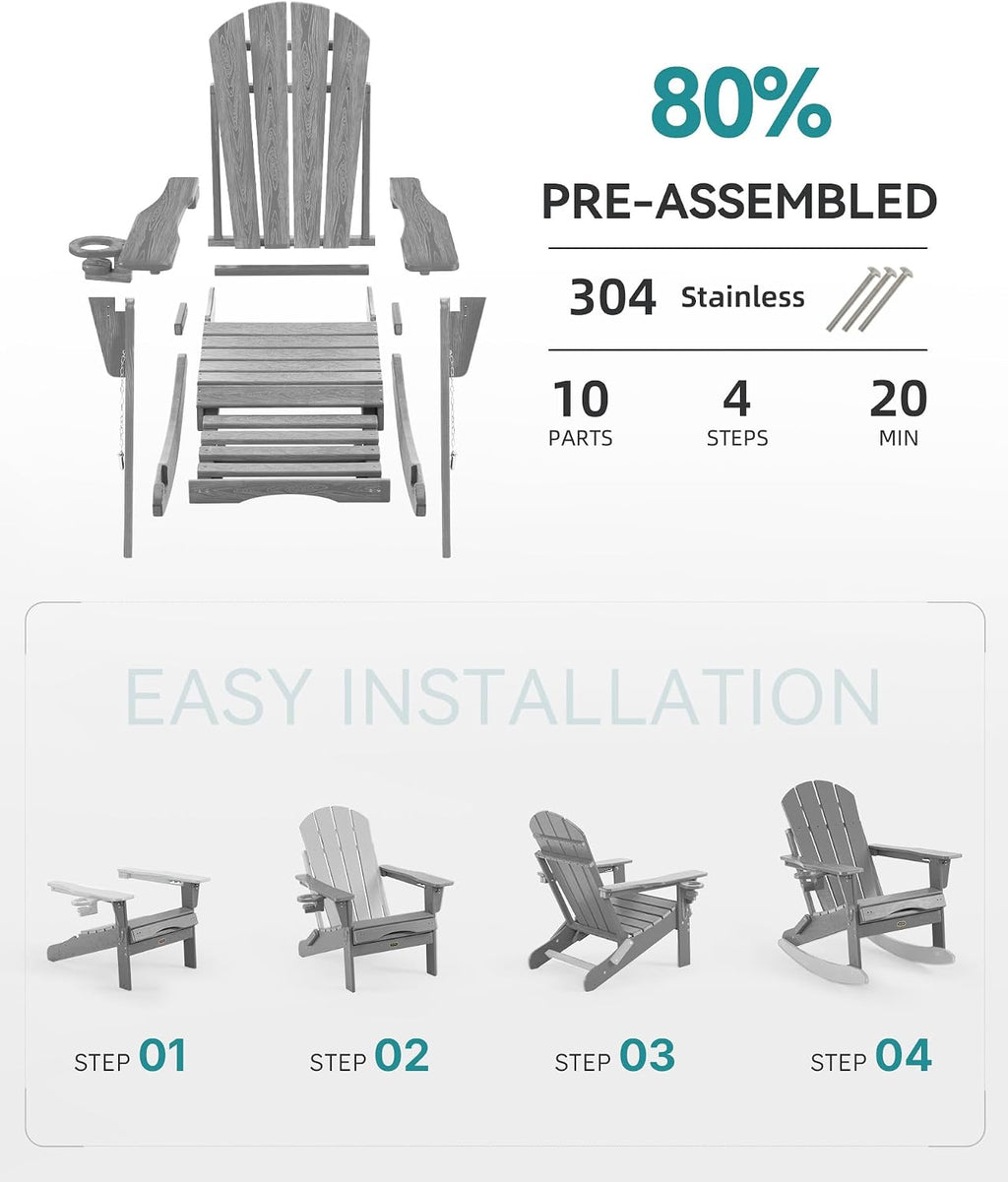 adjustable adirondack rocking chair 4-in-1 retractable ottoman,grey, package contents