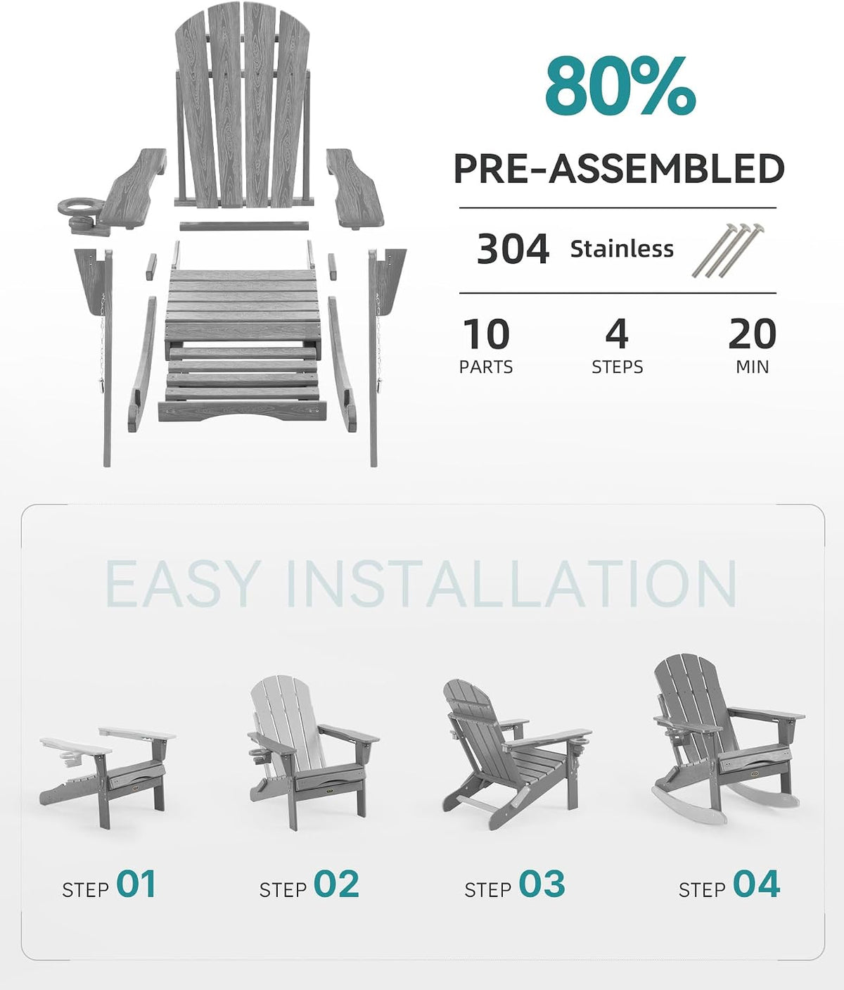 adjustable adirondack rocking chair 4-in-1 retractable ottoman,grey, package contents