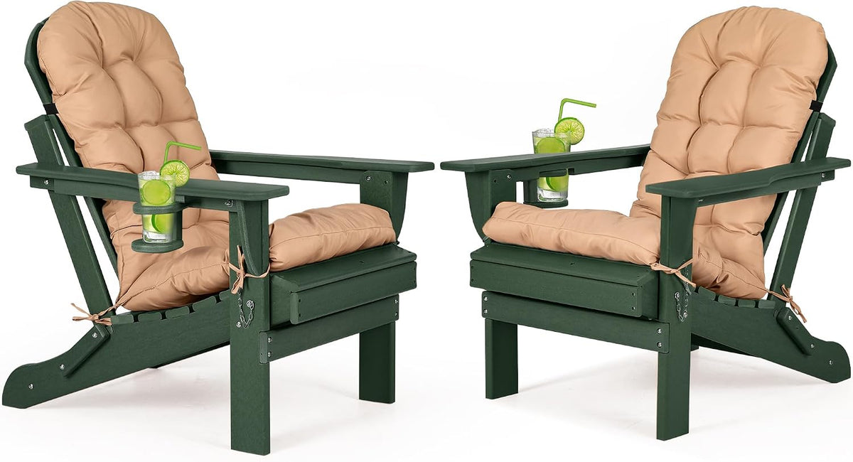 nalone Folding Adirondack Chairs Set of 2 with Cushion with Cup Holder, HDPE Plastic Oversized Patio Chair Weather Resistant, Used in Outdoor, Fire Pit, Deck, Garden, Campfire Chairs (Green)