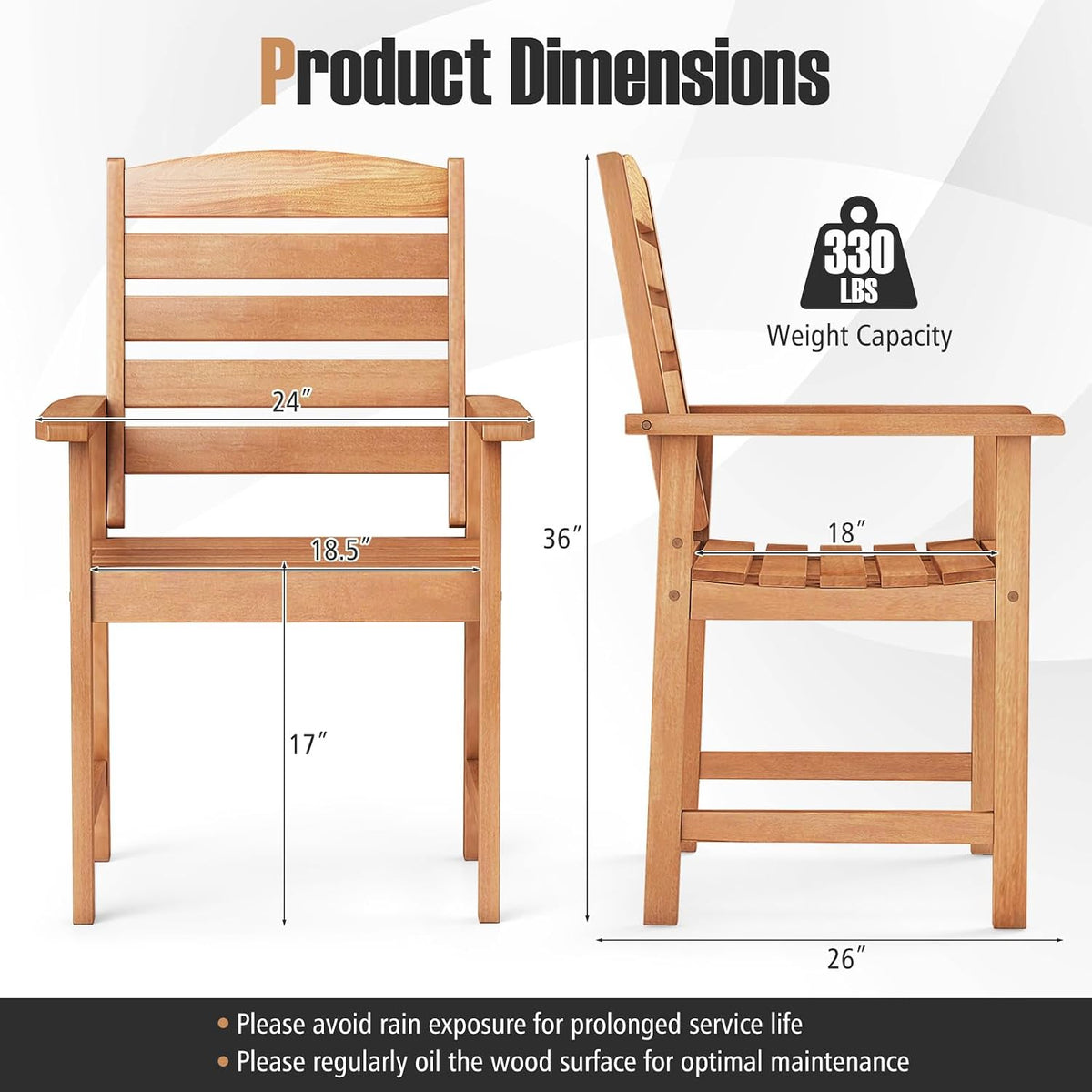 Tangkula Wood Patio Dining Chairs Set of 2, Wooden Outdoor Dining Chairs with High Backrest & Slatted Seat, Outdoor Furniture Armchairs for Deck, Garden, Porch & Backyard, (Thick Horizontal Stripe)