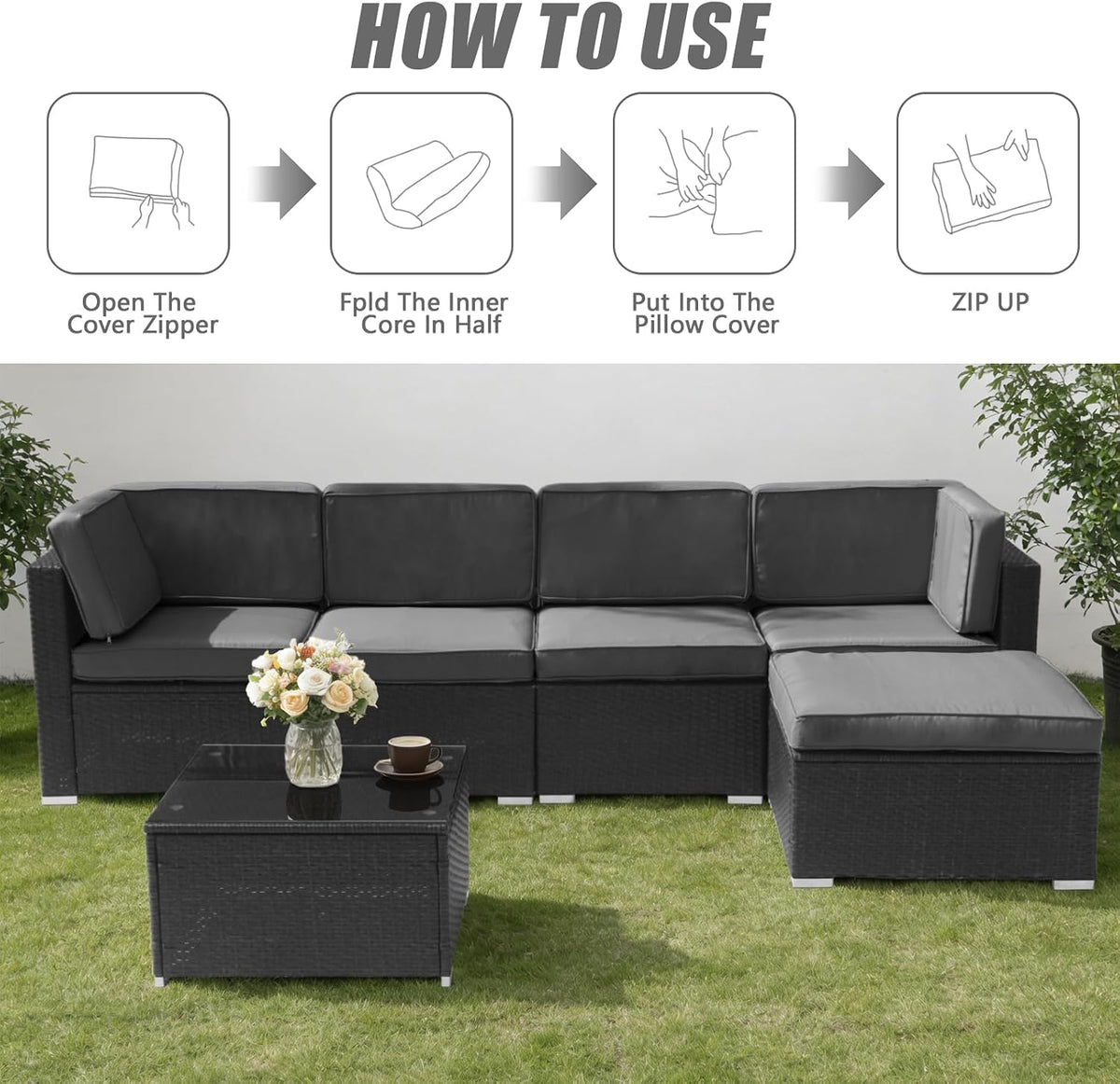 11 Pcs Outdoor Patio Cushion Cover Replacement, Waterproof Patio Cushion Covers, Outdoor Furniture Cushion Covers Set for 6 Seat Wicker Rattan Sofa (Dark Black)